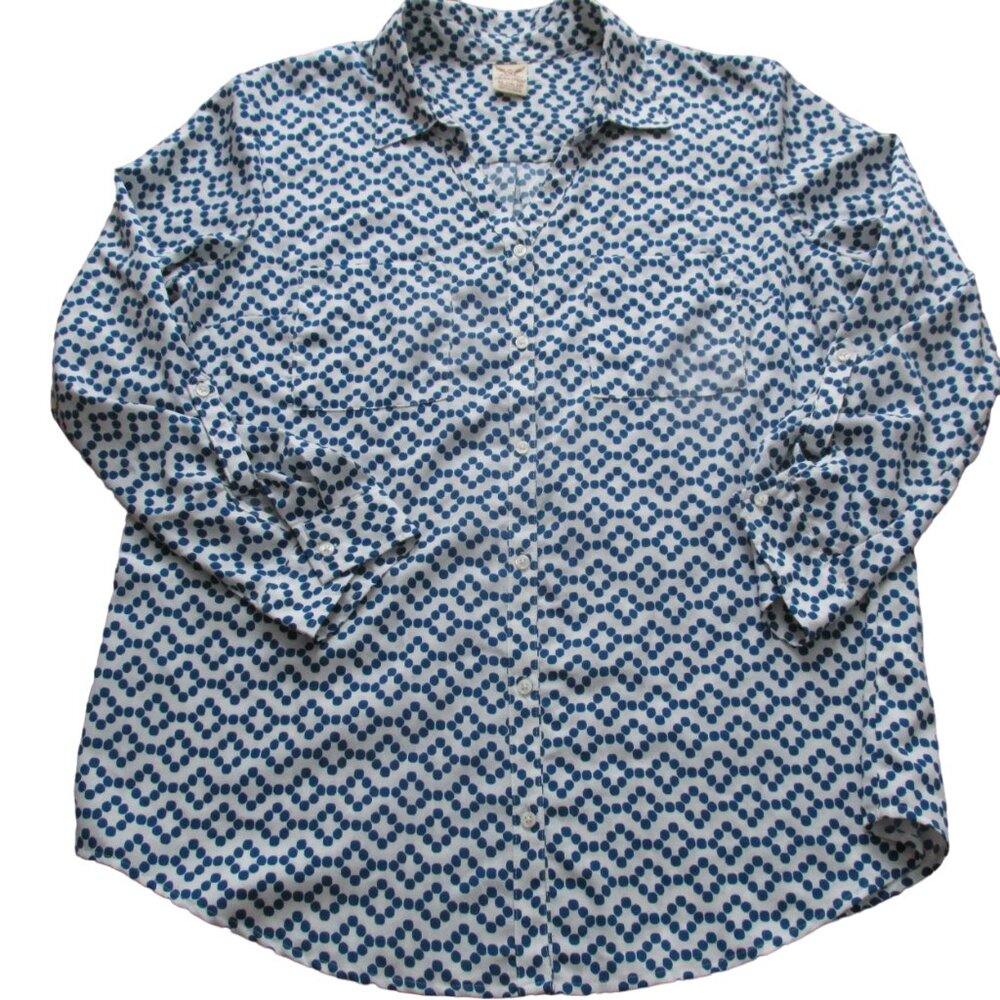 Faded Glory Button Up Blouse Womens Size XL Blue Polka Dot Long Sleeve Shirt Top